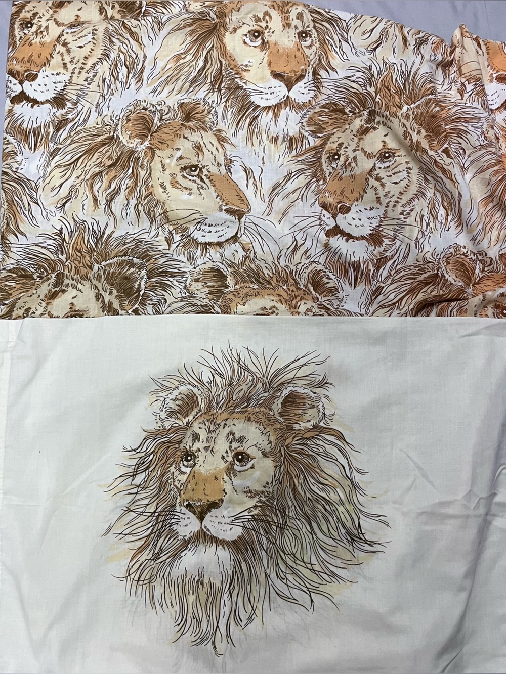 1970's Vintage LIONS Full Bed Sheet Fitted Pillowcase BIBB Safari Jungle Cat USA